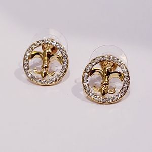 Gold Fleur De Lis Post Earrings With Clear CZ